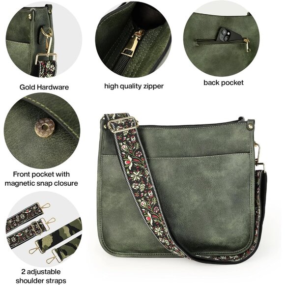 Stylish C-Green Crossbody Purse: Designer Vegan Leather Handbag with Pockets - Picture 4 of 6